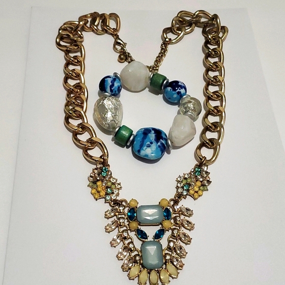 Classy Statement Necklace Green, Clear, Blue & Yellow Rhinestones + Bracelet - Picture 1 of 6